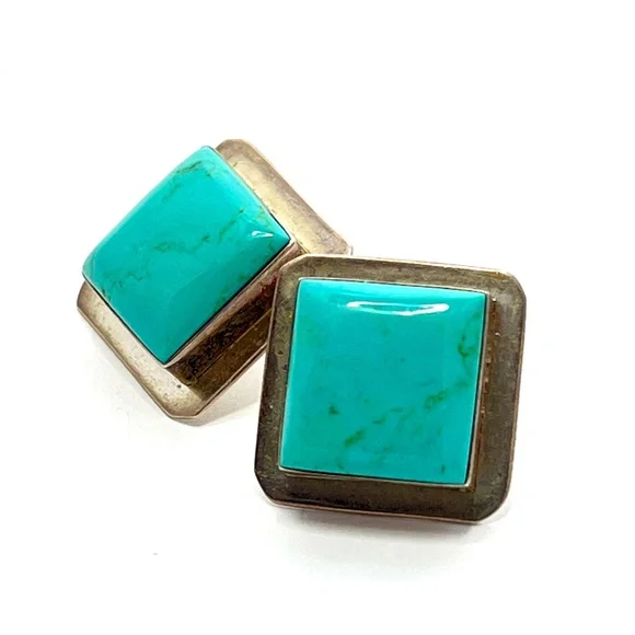 Silver Turquoise Square Post Earrings - Vintage - 7/8" Square - Mid Century - Picture 5 of 8